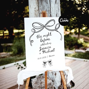 Placa de boas-vindas para o jantar de ensaio, Placa da noite anterior, Placa de jantar de ensaio desenhada à mão, Placa de casamento caprichosa, Placa da noite anterior ao casamento