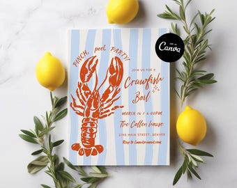Editable Crawfish Boil Party Invitation, Seafood Boil Invite Hand Drawn Let The Good Times Boil Bayou Blues Louisiana Invite couples shower
