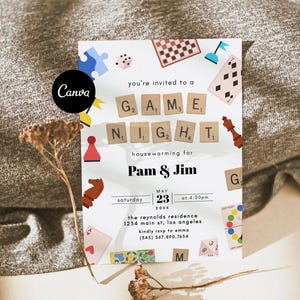 Game Night Party Invitation Template, Game Night Invite Text, Modern Housewarming Invitation, New Home Party Games, Housewarming Evite Canva