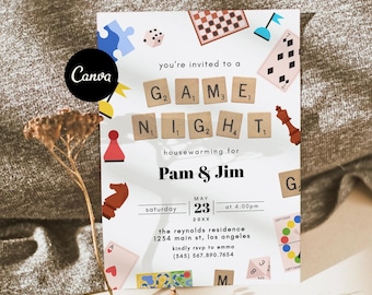 Game Night Party Invitation Template, Game Night Invite Text, Modern Housewarming Invitation, New Home Party Games, Housewarming Evite Canva