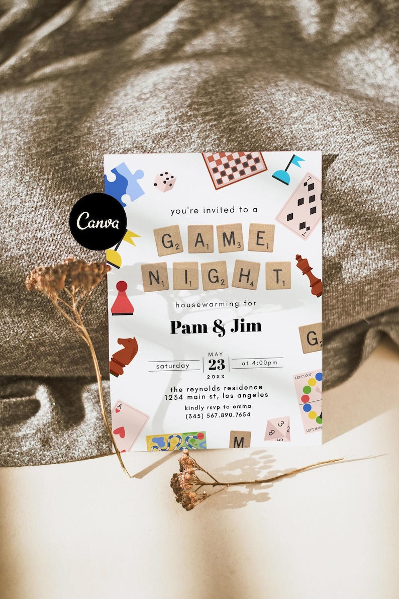 Game Night Party Invitation Template, Game Night Invite Text, Modern Housewarming Invitation, New Home Party Games, Housewarming Evite Canva