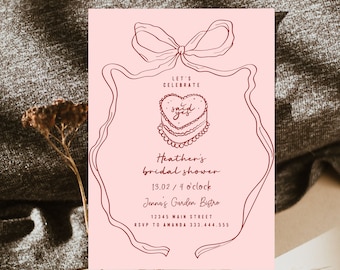 Illustrated Bridal Shower Invitation, Pink Red Bridal Shower Invite, Ribbon Bow Bridal Shower Invitation, Retro Bridal Theme Cool
