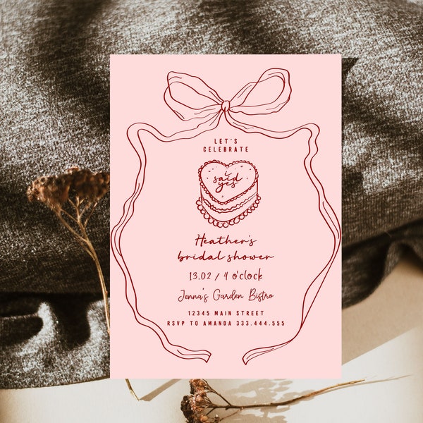 Illustrated Bridal Shower Invitation, Pink Red Bridal Shower Invite, Ribbon Bow Bridal Shower Invitation, Retro Bridal Theme Cool