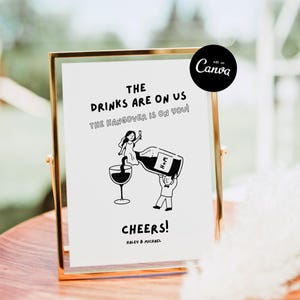Placa de menu de bar aberto Placa de casamento de bar aberto para impressão Placa de bebidas de bar aberto e assinatura Modelo de placa de bebidas para recepção de casamento As bebidas são por nossa conta