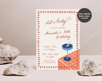 Hand Drawn Birthday Invitation Template, Hand Drawn Martini Birthday Invite, Scribble Party Invitation, 30th 40th 50th 21st Invitation DIY