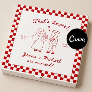 Vorlage für Hochzeitspizzakartons, bearbeitbares Pizzakarton-Etikett, Gastgeschenke für die Verlobungsfeier, That’s Amore Hochzeit, italienische Braut-Junggesellinnenabschieds-Pizza (Canva)