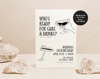 Cocktail birthday party invitation, Adult Invite digital, Hand drawn birthday invite, 21st, 30th, 40th, 50th Birthday invite editable