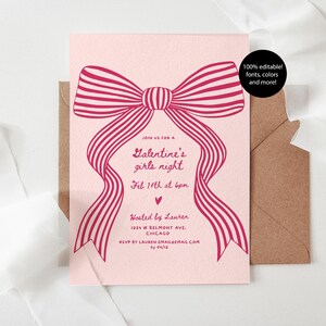Op de afbeelding: Een roze Galentine's girls night uitnodiging met een groot rood strik ontwerp. De uitnodiging bevat de tekst "Join us for a Galentine's girls night Feb 14th at 6pm". Een bruine envelop en wit lint zijn ook zichtbaar.