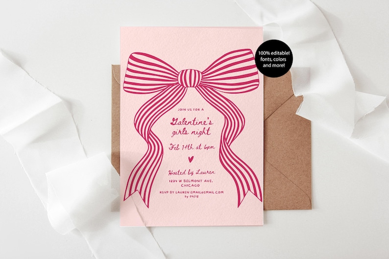 Op de afbeelding: Een roze Galentine's girls night uitnodiging met een groot rood strik ontwerp. De uitnodiging bevat de tekst "Join us for a Galentine's girls night Feb 14th at 6pm". Een bruine envelop en wit lint zijn ook zichtbaar.
