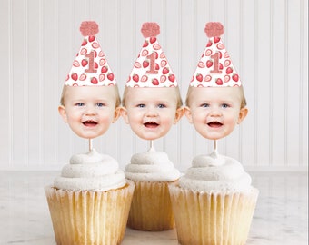 Strawberry Cupcake Toppers, Berry First Birthday Cupcake Topper, Custom Photo Cupcake Topper Printable DIY, Strawberry Party Decorations