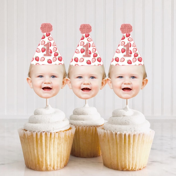 Strawberry Cupcake Toppers, Berry First Birthday Cupcake Topper, Custom Photo Cupcake Topper Printable DIY, Strawberry Party Decorations