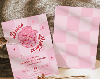 Disco Cowgirl Birthday Invitation Template, Pink Cowgirl Birthday Invite, Pink Rodeo Invitation Printable, Disco Groovy Retro Pink Invite