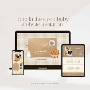 May include: A digital invitation design for a baby shower, displayed on a laptop, tablet, and smartphone. The design features a brown envelope with a stamp, a baby bottle, and a basket of bread. The text reads "bun in the oven baby website invitation."