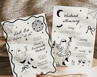 Last Boo Before I Do Bachelorette Itinerary Template, Halloween Bachelorette Party Invite, Ghost Girls Night Out Spooky Adult Party Invite