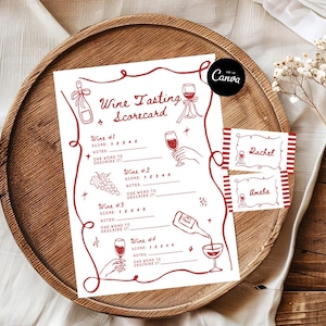 Set di schede di valutazione per la degustazione di vini, scheda di valutazione per le note di degustazione di vini, idee per appuntamenti serali, gioco di degustazione alla cieca di vini, punteggio del vino, scheda di degustazione di vini Canva