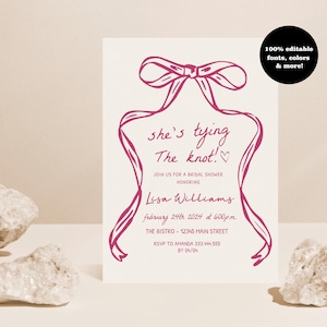 She&#39;s Tying the Knot Bridal Shower Invitation Template, Bow Bridal Shower Invite, Bow Coquette Bridal Shower Invitation, Editable Template