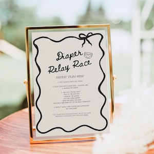 Blöjstafett, blöjpongskylt, rosett-babyshowerspel, roliga babyshoweraktiviteter, utskrivbar babyshower, redigerbar babyshowerskylt