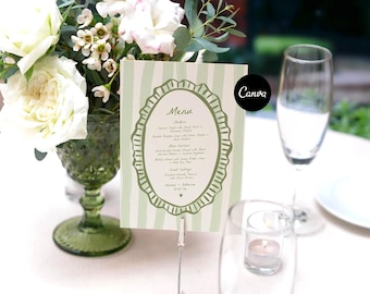 Groen gestreepte menusjabloon, klassieke elegante bruiloft of vrijgezellenfeest, aquarel bewerkbare afdrukbare DIY, instant download, tafeldecor