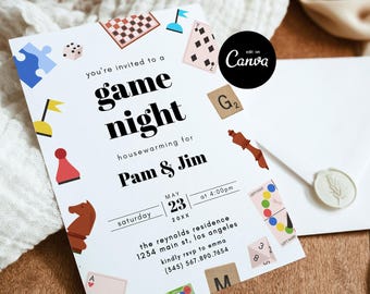 Uitnodiging game-avond, housewarming-uitnodiging game-avond, housewarming-uitnodiging nieuwe huis, bewerkbare sjabloon 100% bewerkbaar canvas