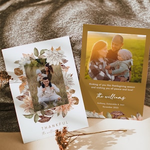 Cartão de ação de graças em aquarela outono verde com foto, modelo de cartão de ação de graças Boho, texto editável de cartão de ação de graças, cartão de outono DIY