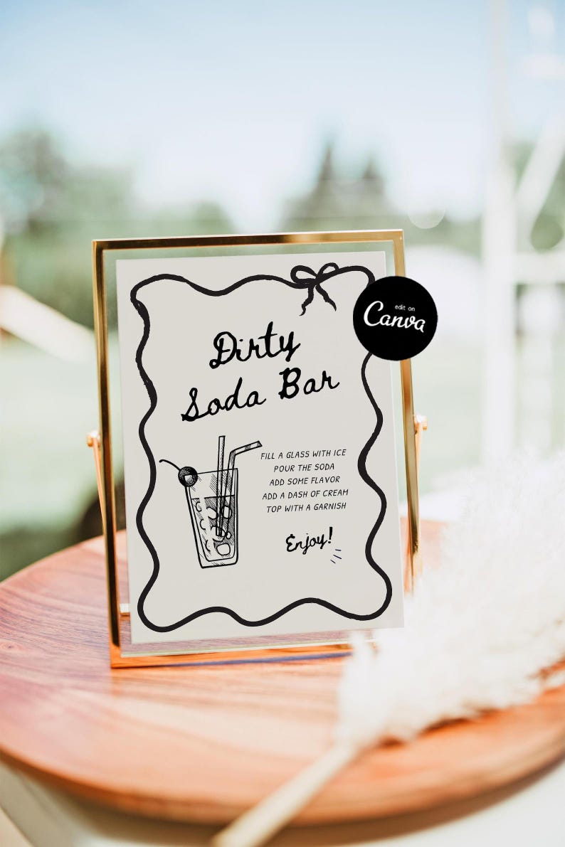 Dirty Soda Bar Sign, Summer BBQ Signature Drink Bar Menu, Non Alcoholic Pop Bar Grad Baby Bridal Shower Decor Template Dirty Shirley Bar