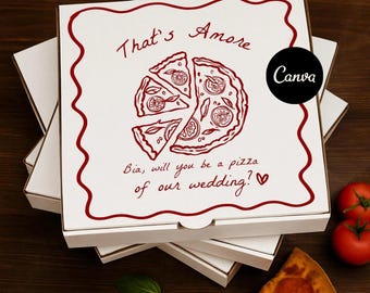Proposta di matrimonio con scatola di pizza, modello di scatola di pizza per matrimonio, design personalizzabile di scatola di pizza, proposta di matrimonio creativa con scatola di pizza, scarica Canva