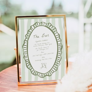Classic Wedding Bar Menu Template, Watercolor Green Stripes, Wedding/Shower Bar Sign, Elegant Drinks Sign, Editable Printable Vintage