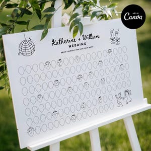 Puede incluir: Un letrero de boda blanco sobre un caballete con el texto "Katherine + William WEDDING" y la indicación "DRAW YOURSELF AND SIGN YOUR NAME". El letrero presenta una cuadrícula de caras en blanco para que los invitados dibujen y firmen.