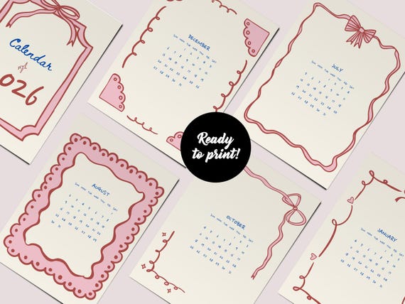Pink Coquette Calendar 2026 PDF, Calendar 2026 Trending, Digital 2026 Monthly Calendar, Bow Calendar 2026 Printable, Hand drawn Calendar