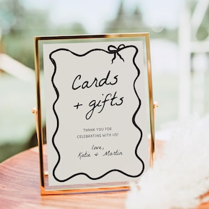 Modelo de placa para cartões e presentes desenhados à mão, placa para caixa de cartão de casamento, placas de casamento caprichosas e manuscritas, placas onduladas para mesa de casamento, decoração com fitas