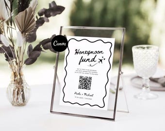 Whimsical Wedding Honeymoon Fund QR Code Sign Template, Hand Drawn Honeymoon Fund Sign, Signs for Wedding Template Download Table Decor