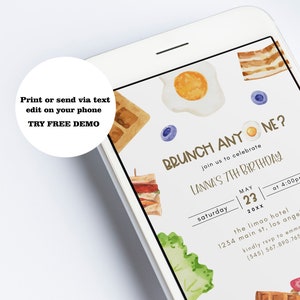 May include: A digital invitation for a brunch party to celebrate Lanna's 7th birthday. The invitation features a watercolour illustration of breakfast foods, including eggs, bacon, waffles, and avocado toast. The text on the invitation reads "Brunch Any One?" and includes the date, time, and location of the party.