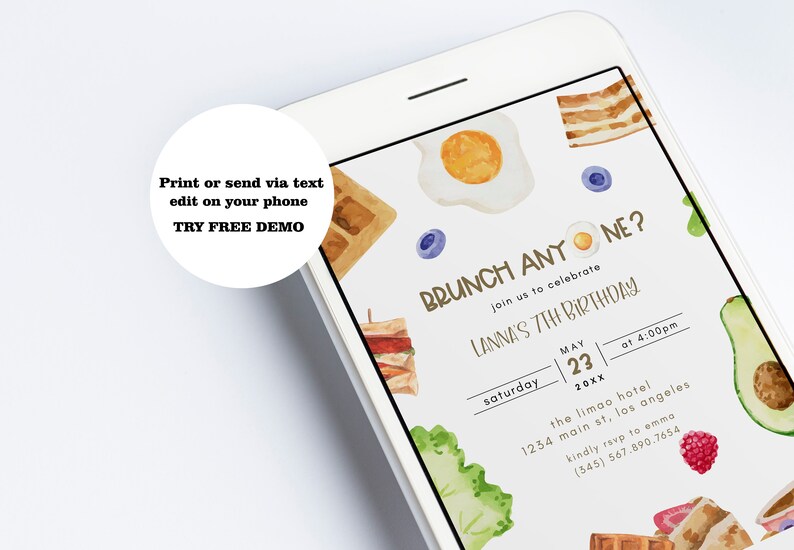 May include: A digital invitation for a brunch party to celebrate Lanna's 7th birthday. The invitation features a watercolour illustration of breakfast foods, including eggs, bacon, waffles, and avocado toast. The text on the invitation reads "Brunch Any One?" and includes the date, time, and location of the party.