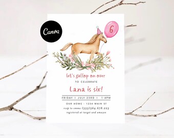 Invitación de cumpleaños para galopar, invitación de cumpleaños de poni con globo rosa, invitación de cumpleaños de caballo, invitación de cumpleaños de niña totalmente editable