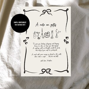 May include: A black and white printable card with a note about gifts. The card has a handwritten style font and includes a drawing of a wishing well with gifts. The text reads "A note on gifts" and "To save you looking, shopping and buying, here's an idea we hope you like trying! A wishing well we thought would be great, but only if you wish to participate. A card with some money is placed in the well, then make a wish... but do not tell! With love, Heather."