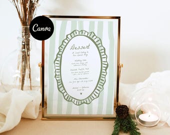 Dessert Menu Template Green Striped Wedding Sign Printable, Wedding Dessert Bar Menu, Editable Template, Instant Download Reception Sign 46