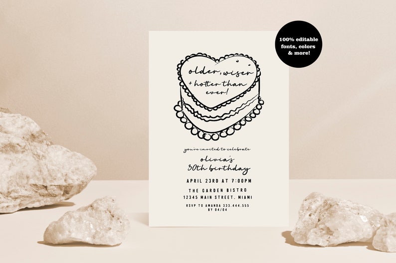 Older Wiser Hotter Birthday Invite, Unique 30th Birthday, Trendy 30th Invites, 21st Birthday Invite, Cheers to 20 Years, Heart Cake Invite