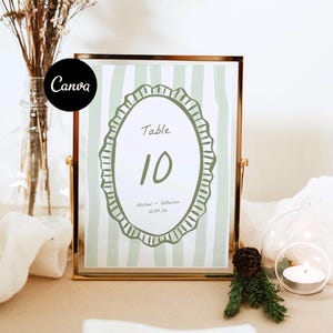 Plantilla de número de mesa con rayas onduladas verdes dibujada a mano, tarjeta de número de mesa caprichosa dibujada a mano, letrero de mesa imprimible, plantilla editable 46
