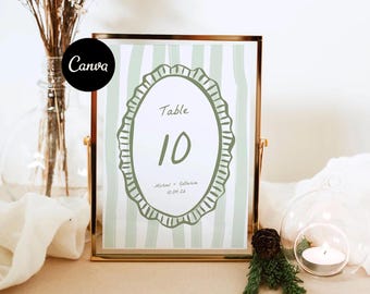 Green Striped Wavy Hand Drawn Table Number Template, Hand Drawn Whimsical Table Number Card, Printable Table Sign, Editable Template 46