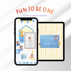 Pode incluir: Um smartphone e um tablet exibindo um modelo de site de aniversário intitulado FUN TO BE ONE. As telas apresentam fundos listrados em azul e amarelo, gráficos de festa, fotos de uma criança e texto como YOU'VE BEEN INVITED.
