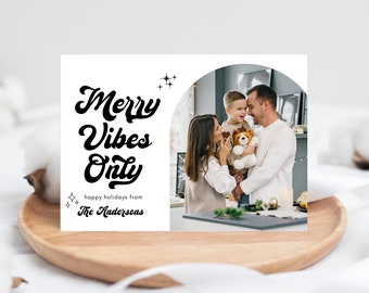 Retro Photo Christmas Card, Groovy Boho Holiday Card, Christmas Photo Card Template, Xmas Card with Arch Photo, 2025 Christmas Cards
