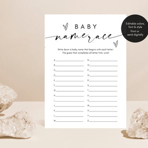 Baby Name Race Game, Alphabet Baby Name Game, Minimalist Baby A-Z Name Game, Printable Baby Shower Game Printable, Modern Baby Shower Games
