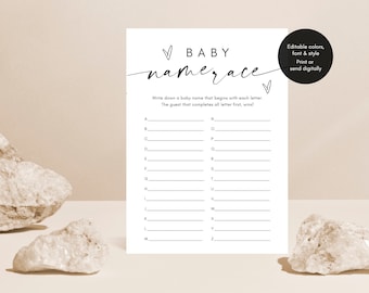 Baby Name Race Game, Alphabet Baby Name Game, Minimalist Baby A-Z Name Game, Printable Baby Shower Game Printable, Modern Baby Shower Games