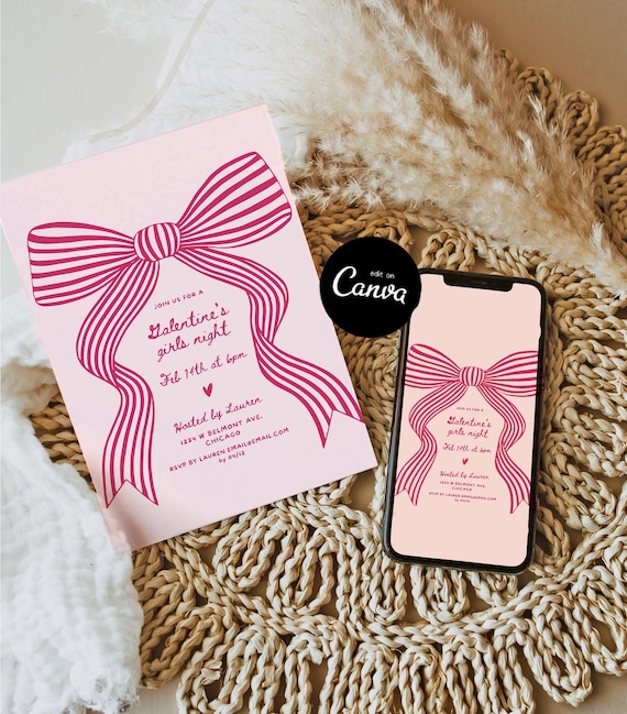 Galentines Party Invitation Hand Drawn Valentines Day Invite Whimsical Galentines Girls Night Invite Valentines Brunch Coquette Bow Canva