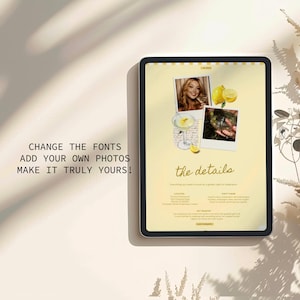 May include: A digital tablet displays a yellow-themed design with the words "the details" in a script font. The design includes two polaroid-style photos, lemons, and text. The tablet is on a light-colored surface with shadows and decorative elements.