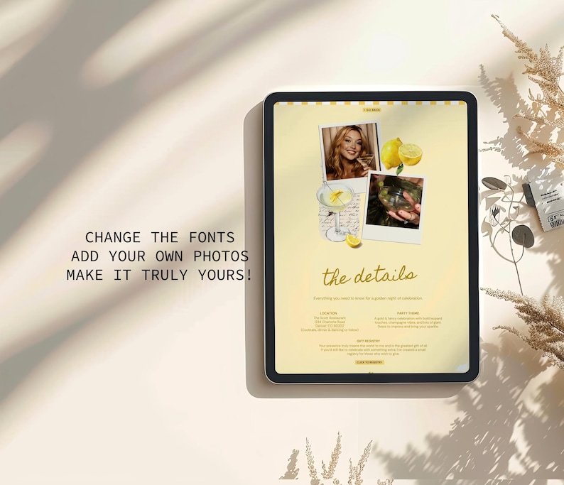 May include: A digital tablet displays a yellow-themed design with the words "the details" in a script font. The design includes two polaroid-style photos, lemons, and text. The tablet is on a light-colored surface with shadows and decorative elements.
