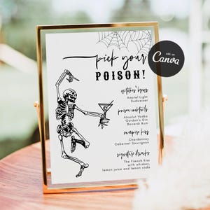 Halloween Pick Your Poison Bar Menu Template, Printable Halloween Drinks Sign,  Spooky Skeleton Cocktail Menu, Halloween Party Bar Sign DIY