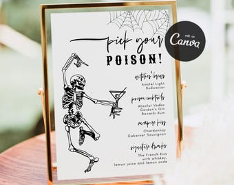 Plantilla de menú de bar "Elige tu veneno" para Halloween, cartel imprimible para bebidas de Halloween, menú de cócteles de esqueletos espeluznantes, cartel de bar para fiesta de Halloween (hazlo tú mismo)
