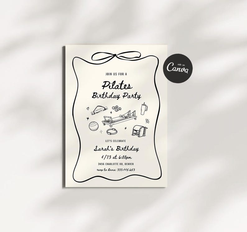 Pilates Party Birthday Invitation, Pilates and Matcha, Pilates and Lattes, Pilates Birthday Party Invite, Pilates Editable Digital Template image 1