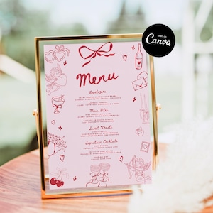 May include: A pink menu card in a gold frame, featuring red illustrations of hearts, bows, and cherubs. The menu includes appetizers, main bites, sweet treats, and signature cocktails. The Canva logo is visible in the top right corner.